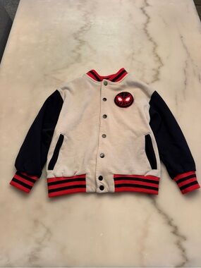 Marvel Cream and Black Spider-Emblem Kids Varsity Jacket with Red Trim